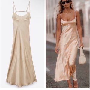 ZARA Satin Effect Slip Dress Beige Cream